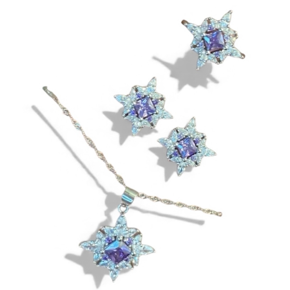 NEW Sterling Silver Set In Snowflake Design With Purple Stone In The Center